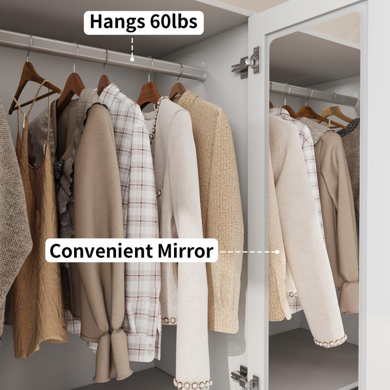 Armario alto de madera VOWNER de 4 puertas para dormitorio, organizador con amplios cajones, espejo, barras para colgar ropa y estantes. Armario de almacenamiento de ropa para dormitorio.