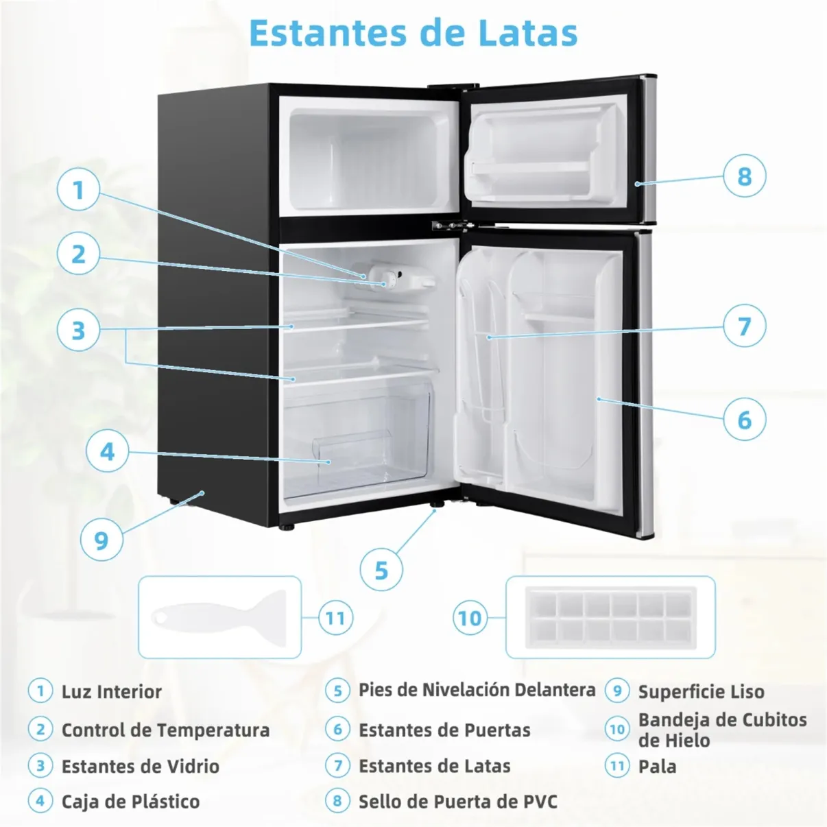 Costway Frigorífico Compacto Mini Nevera 90 L Congelador Separado con 2 Puertas Luz LED Refrigeración Rápida Ahorro Energético Silencioso Gris