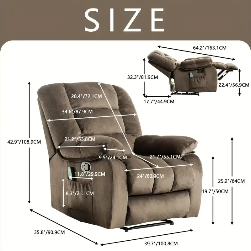 Silla de poder individual - Sillón elevador con función de masaje de cuerpo completo y calor - Sillón de salón ergonómico, cómodo y acolchado con bolsa de almacenamiento lateral, marrón