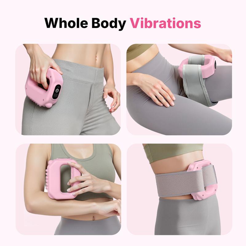 Vibrador portátil inalámbrico Merach para todo el cuerpo: 6 niveles de velocidad, masajeador percusivo de tejido profundo para aliviar los músculos del cuello y los hombros, ideal para la relajación. Diseño en rosa y gris.