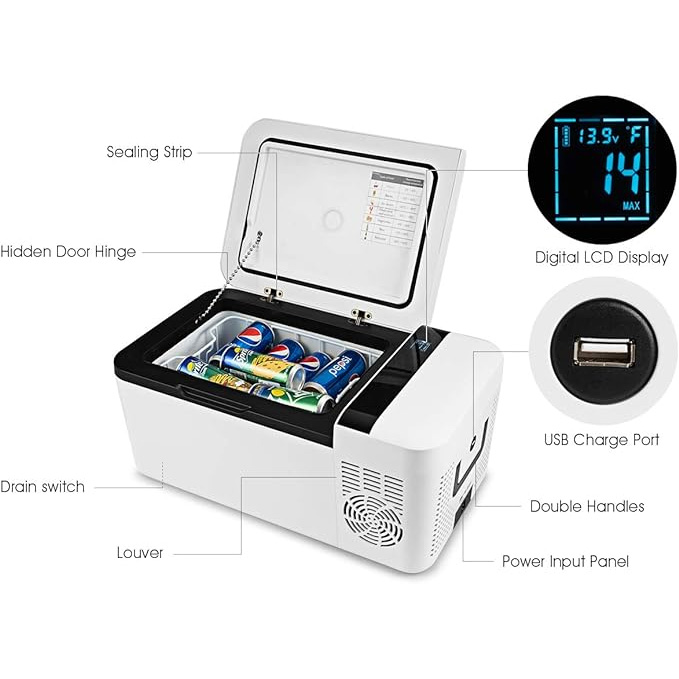 Congelador compacto para automóvil, refrigerador portátil de viaje de 12 V, con compresor, manijas dobles, pantalla LCD para automóvil y hogar, camping, fiesta en camión, viajes, picnic al aire libre (16 cuartos)