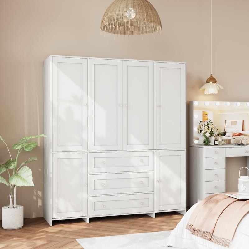 Armario alto de madera VOWNER de 4 puertas para dormitorio, organizador con amplios cajones, espejo, barras para colgar ropa y estantes. Armario de almacenamiento de ropa para dormitorio.