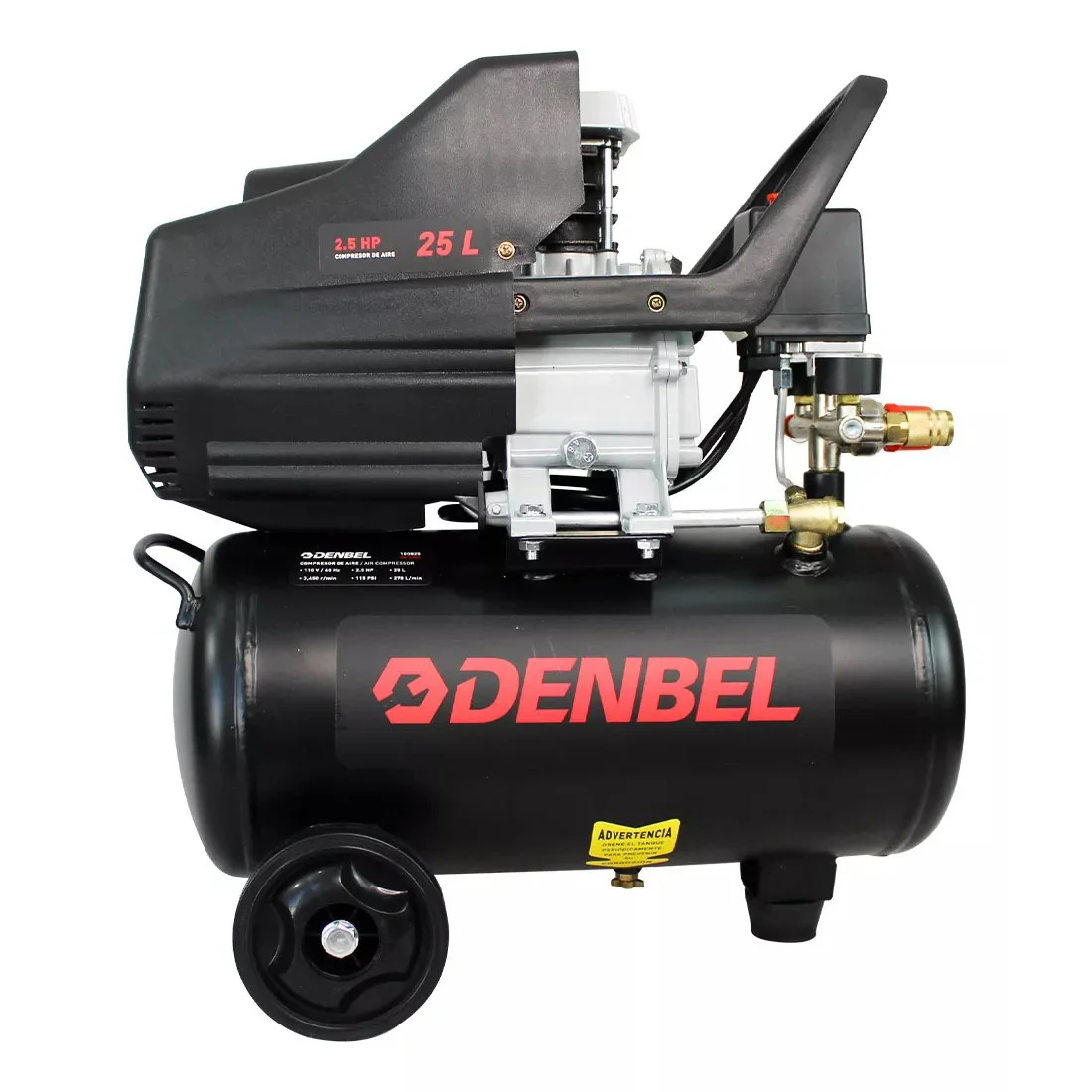 Compresor De Aire Eléctrico 2.5 HP Con Pistola De Gravedad 110v Tanque 25L Doble Salida de Aire Color Negro