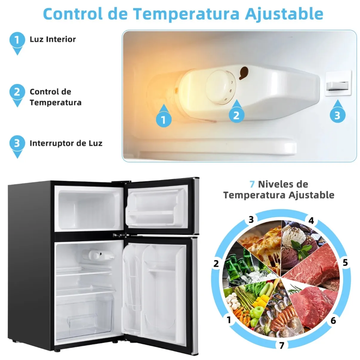 Costway Frigorífico Compacto Mini Nevera 90 L Congelador Separado con 2 Puertas Luz LED Refrigeración Rápida Ahorro Energético Silencioso Gris
