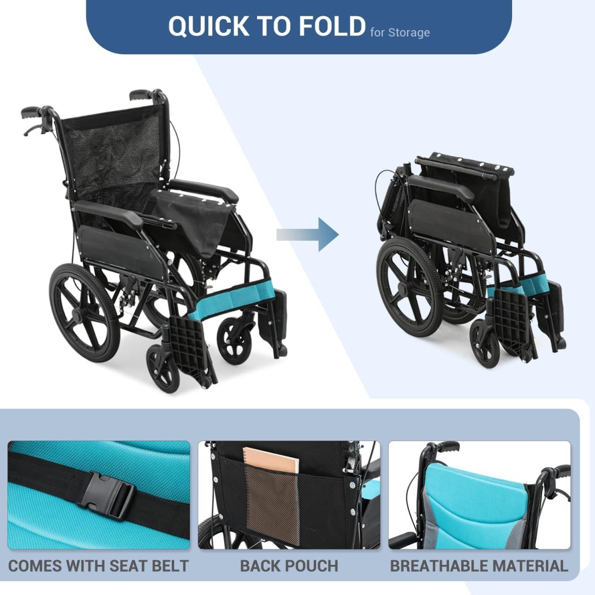 Monicare - Silla de ruedas para adultos con reposapiés abatible y frenos de mano con cierre de bucle, silla de rueda de asiento de 17.5 pulgadas, rueda trasera de 15 pulgadas, ligera, ultraligera,