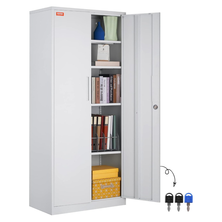 Metal Storage Cabinet with Wheels, 75'' Locking Steel Storage Cabinet with 2 Magnetic Doors and 4 Adjustable Shelves for Office, Garage, Home