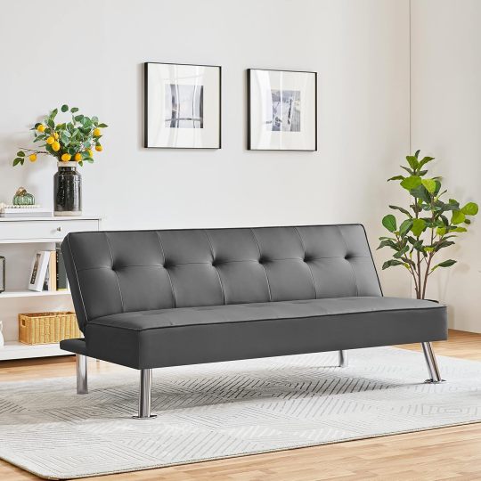 Sofá Convertible de Piel sintética, sofá Cama, sofá de futón, sofá Ajustable, sofá de futón, Muebles de Sala de Estar con Patas de Metal Chapado en Cromo, Gris