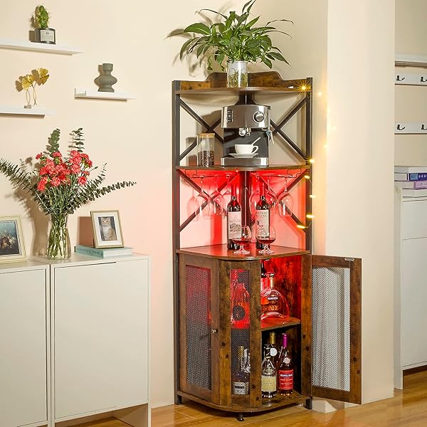 clóset de barra de esquina con luces LED, gabinete industrial de 5 niveles con soporte de vidrio, gabinete de licor de granja con estante ajustable, barra para el hogar para gabinete de bar 5-Tier Wine Cabinet