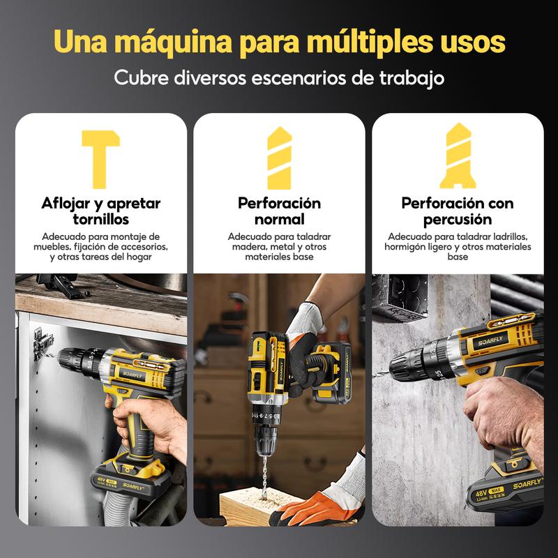 Taladro Electrico y Inalambrico de 48V, Herramienta Profesional 3 en 1, Taladro, Desatornillador y Martillo,Bateria de Larga Duracion, Motor de Alto Rendimiento, Juego con Accesorio