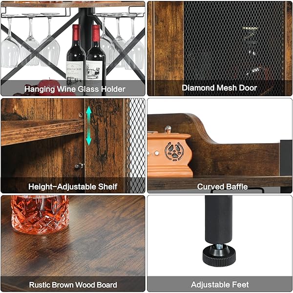 clóset de barra de esquina con luces LED, gabinete industrial de 5 niveles con soporte de vidrio, gabinete de licor de granja con estante ajustable, barra para el hogar para gabinete de bar 5-Tier Wine Cabinet