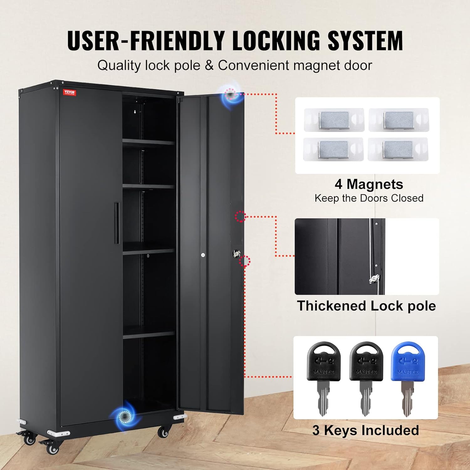 Metal Storage Cabinet with Wheels, 75'' Locking Steel Storage Cabinet with 2 Magnetic Doors and 4 Adjustable Shelves for Office, Garage, Home