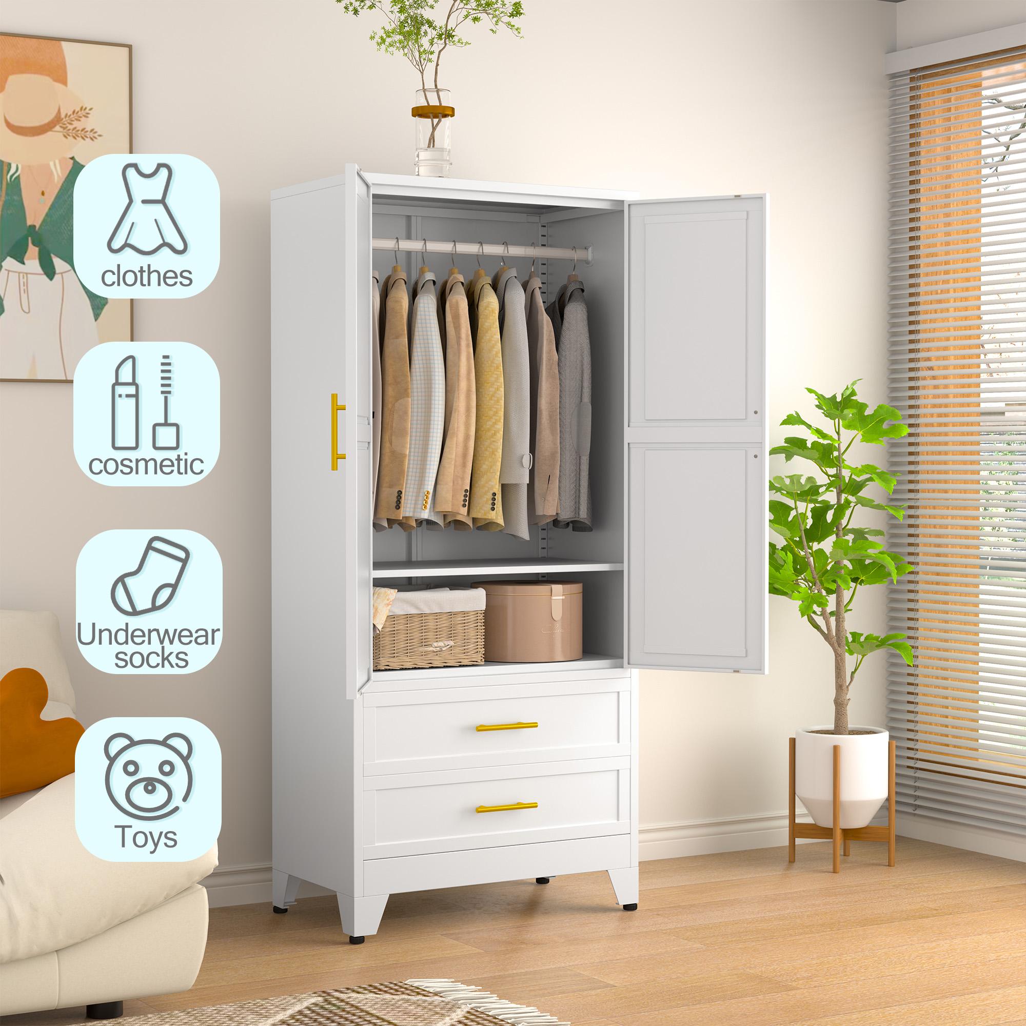 Metal Wardrobe Closet with 2 Doors & 2 Drawers, 71"" Tall Armoire Wardrobe Closet with Hanging Rods and Adjustable Shelf, Steel Wardrobe Storage Cabinet for Bedroom, Large mothersdaygift