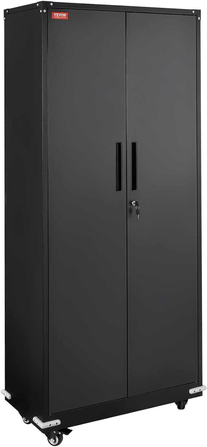 Metal Storage Cabinet with Wheels, 75'' Locking Steel Storage Cabinet with 2 Magnetic Doors and 4 Adjustable Shelves for Office, Garage, Home