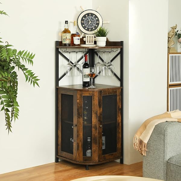 clóset de barra de esquina con luces LED, gabinete industrial de 5 niveles con soporte de vidrio, gabinete de licor de granja con estante ajustable, barra para el hogar para gabinete de bar 5-Tier Wine Cabinet