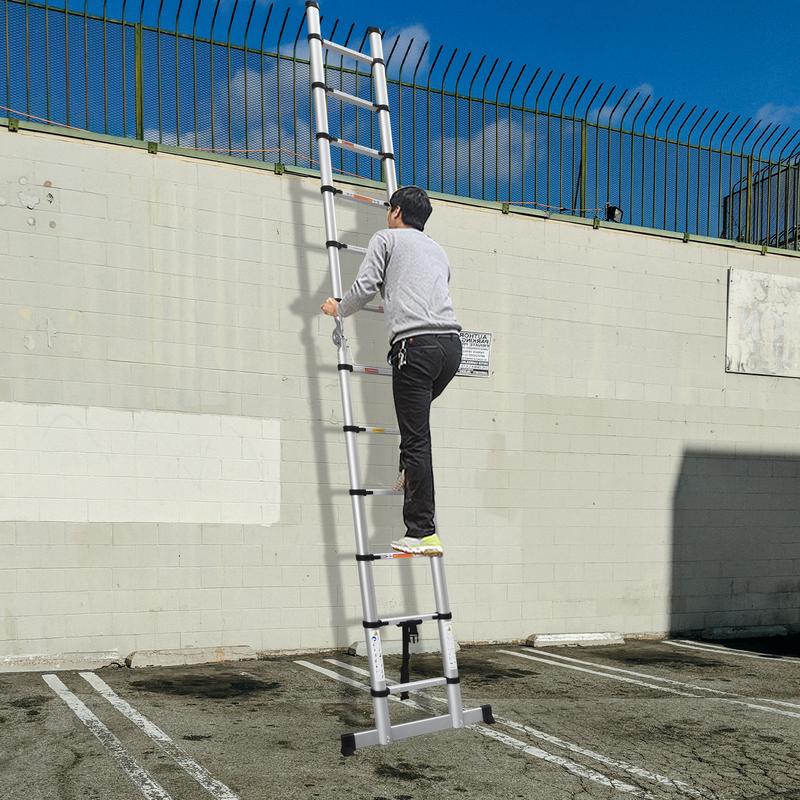 Escalera telescópica de aluminio con estructura en A, plegable, con barra estabilizadora y patas antideslizantes, capacidad de carga máxima de 330 libras, para el hogar y la oficina (6.2+6.2 pies / 8.2+8.2 pies).