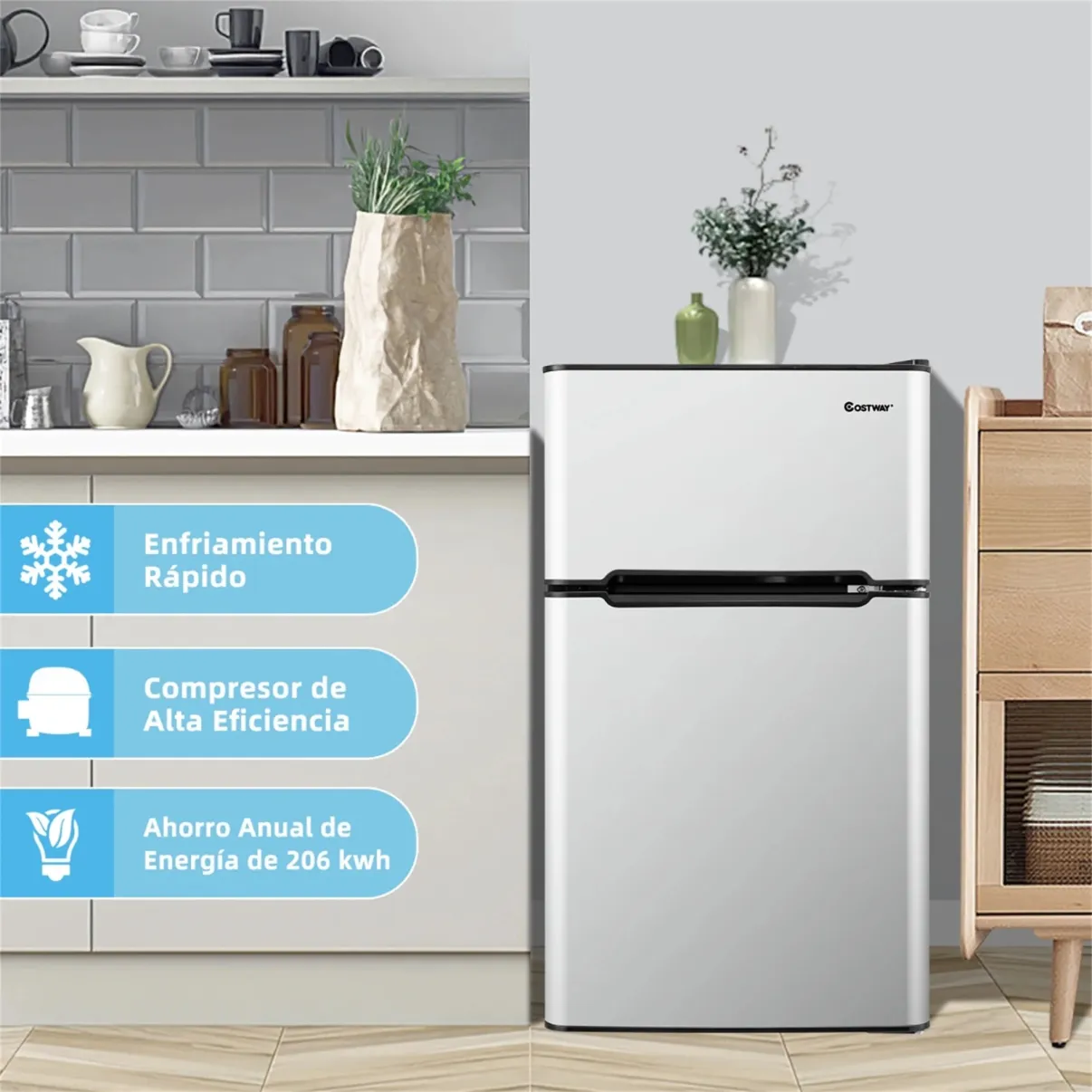 Costway Frigorífico Compacto Mini Nevera 90 L Congelador Separado con 2 Puertas Luz LED Refrigeración Rápida Ahorro Energético Silencioso Gris