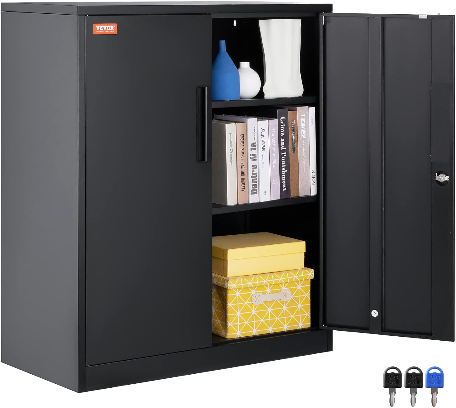 Metal Storage Cabinet with Wheels, 75'' Locking Steel Storage Cabinet with 2 Magnetic Doors and 4 Adjustable Shelves for Office, Garage, Home