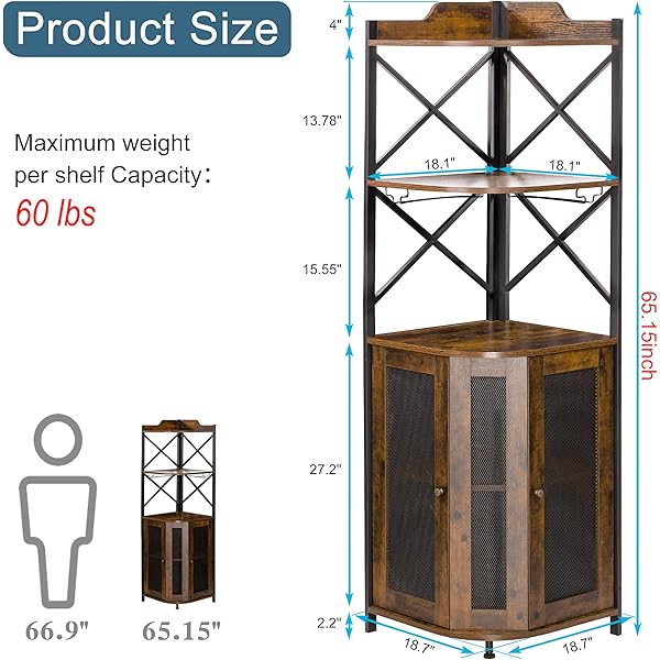 clóset de barra de esquina con luces LED, gabinete industrial de 5 niveles con soporte de vidrio, gabinete de licor de granja con estante ajustable, barra para el hogar para gabinete de bar 5-Tier Wine Cabinet