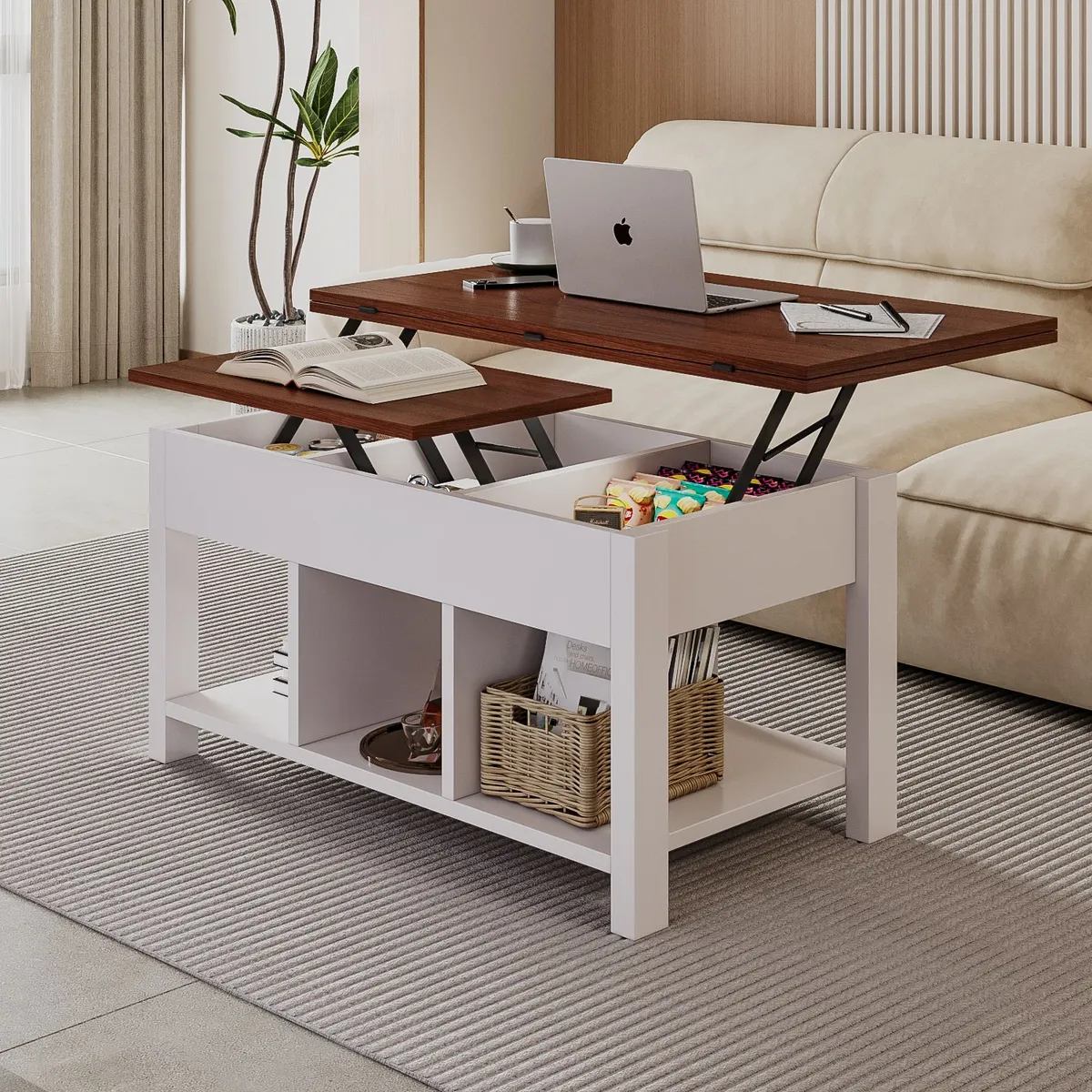 Mesa De Centro 4 in 1 con Doble Cubierta Elevable Marrón