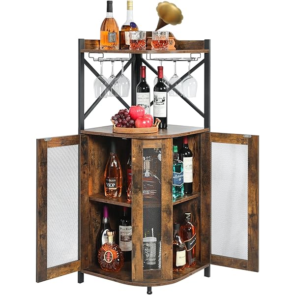 clóset de barra de esquina con luces LED, gabinete industrial de 5 niveles con soporte de vidrio, gabinete de licor de granja con estante ajustable, barra para el hogar para gabinete de bar 5-Tier Wine Cabinet