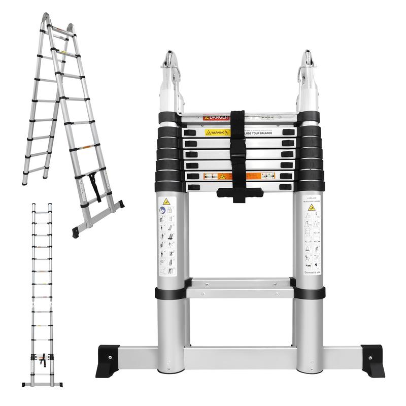 Escalera telescópica de aluminio con estructura en A, plegable, con barra estabilizadora y patas antideslizantes, capacidad de carga máxima de 330 libras, para el hogar y la oficina (6.2+6.2 pies / 8.2+8.2 pies).