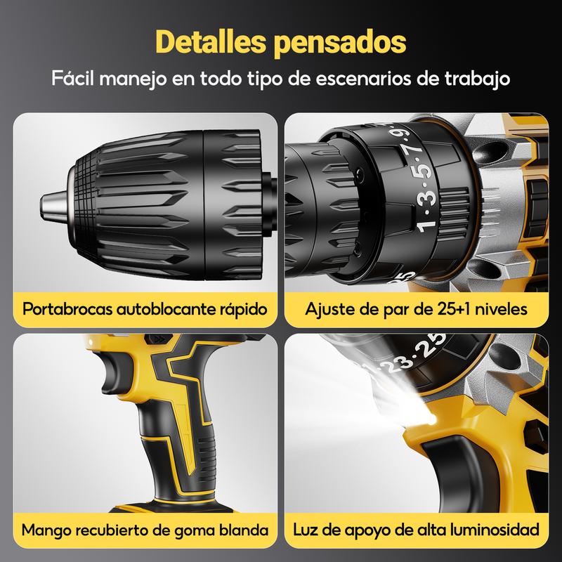 Taladro Electrico y Inalambrico de 48V, Herramienta Profesional 3 en 1, Taladro, Desatornillador y Martillo,Bateria de Larga Duracion, Motor de Alto Rendimiento, Juego con Accesorio