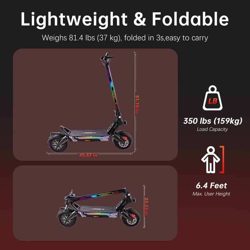 Potente patinete eléctrico Max Pro, autonomía de 80 km, equipado con un motor dual de 4000 W, velocidad de hasta 68 km/h, neumáticos sin cámara de 28 cm, amortiguadores delanteros y traseros, desbloqueo manos libres, protección antirrobo y diseño plegable