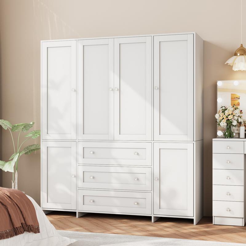 Armario alto de madera VOWNER de 4 puertas para dormitorio, organizador con amplios cajones, espejo, barras para colgar ropa y estantes. Armario de almacenamiento de ropa para dormitorio.