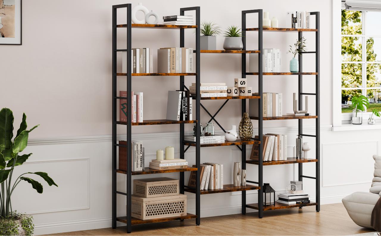 Walsunny 5-Tier Bookcase with 14 Shelves, Open Display Book Shelf with Metal Frame, Book Shelf for Home Office, Rustic,Freestanding Industrial Ladder Walsunny 5-Tier Bookcase with 14 Shelves, Open Display Book Shelf with Metal Frame, Book Shelf for Home Office, Rustic,Freestanding Industrial Ladder