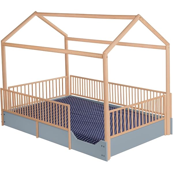 Cama Casa Montessori de Madera con Barandales (Gris Oscuro, Queen (estándar de EE. UU.)) Queen Gris oscuro