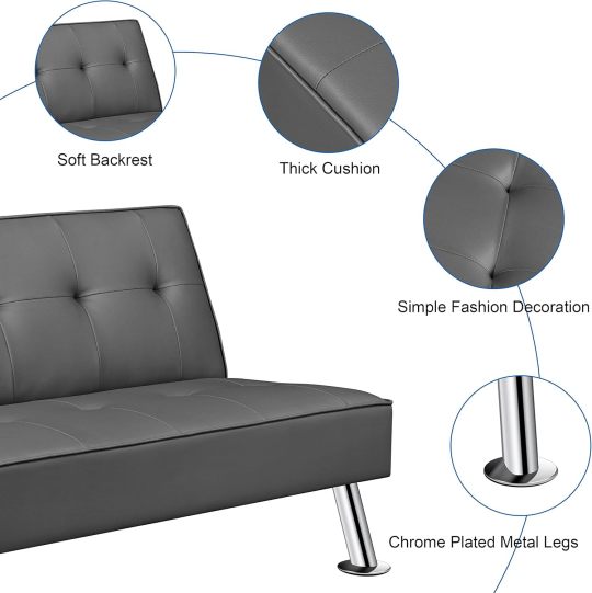 Sofá Convertible de Piel sintética, sofá Cama, sofá de futón, sofá Ajustable, sofá de futón, Muebles de Sala de Estar con Patas de Metal Chapado en Cromo, Gris