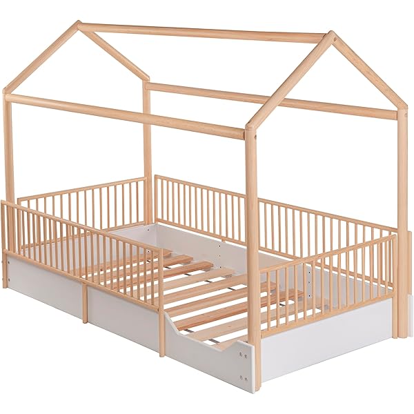 Cama Casa Montessori de Madera con Barandales (Gris Oscuro, Queen (estándar de EE. UU.)) Queen Gris oscuro