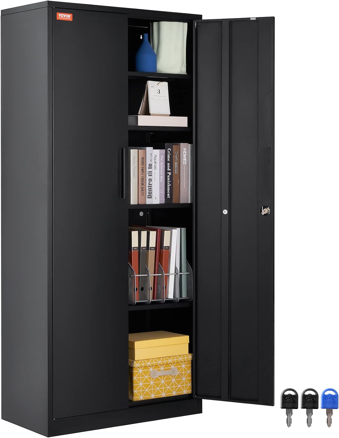 Metal Storage Cabinet with Wheels, 75'' Locking Steel Storage Cabinet with 2 Magnetic Doors and 4 Adjustable Shelves for Office, Garage, Home