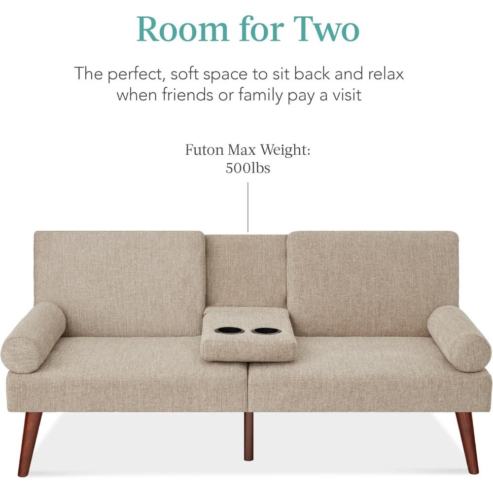 Futón tapizado moderno de mediados de siglo, sofá cama plegable convertible, 2 portavasos