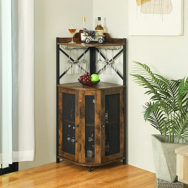 clóset de barra de esquina con luces LED, gabinete industrial de 5 niveles con soporte de vidrio, gabinete de licor de granja con estante ajustable, barra para el hogar para gabinete de bar 5-Tier Wine Cabinet