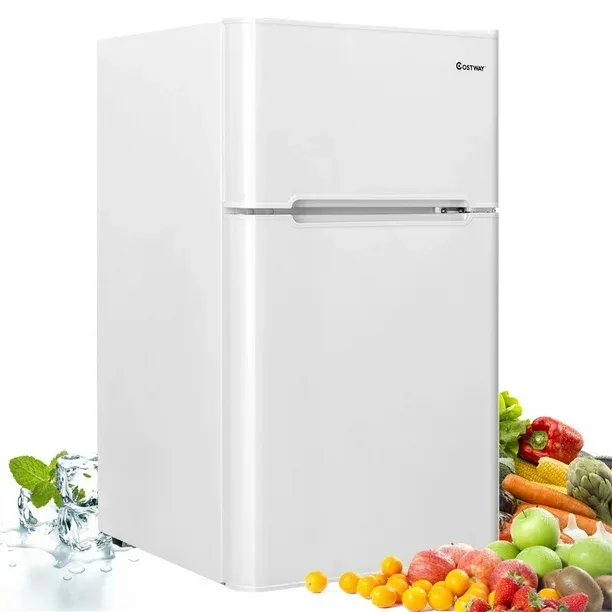 Costway Frigorífico Compacto Mini Nevera 90 L Congelador Separado con 2 Puertas Luz LED Refrigeración Rápida Ahorro Energético Silencioso Gris