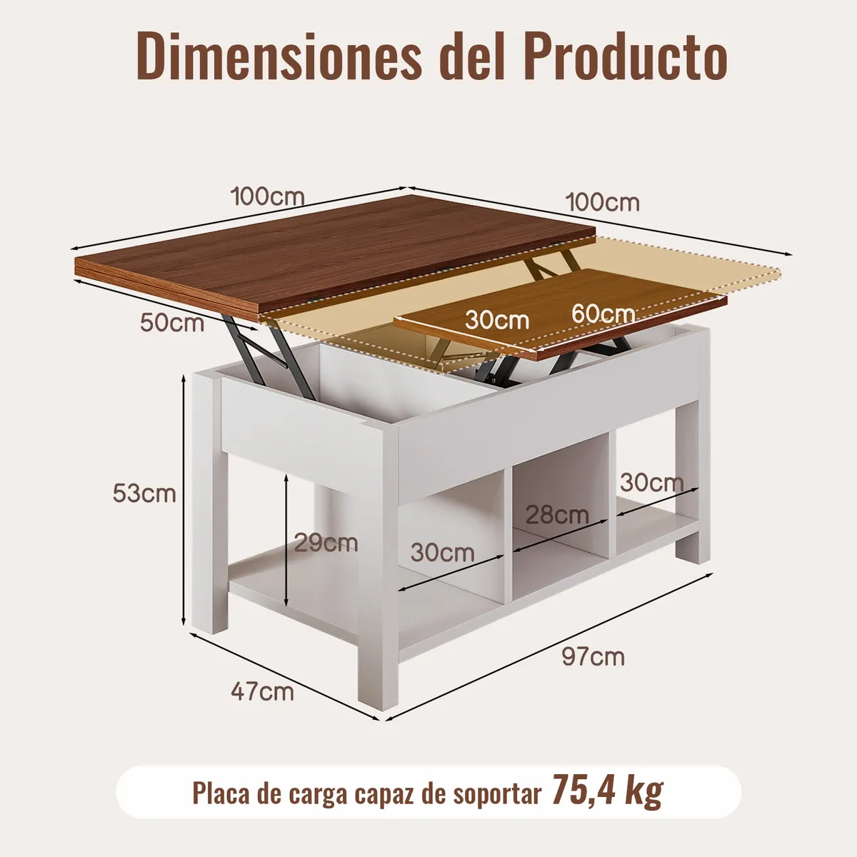 Mesa De Centro 4 in 1 con Doble Cubierta Elevable Marrón