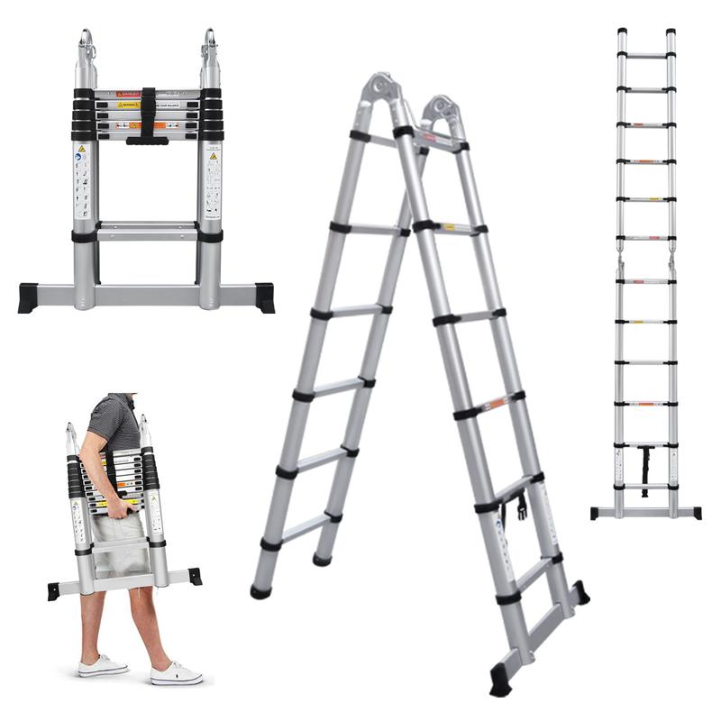 Escalera telescópica de aluminio con estructura en A, plegable, con barra estabilizadora y patas antideslizantes, capacidad de carga máxima de 330 libras, para el hogar y la oficina (6.2+6.2 pies / 8.2+8.2 pies).