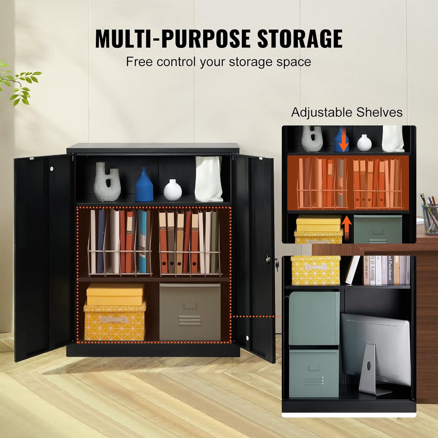 Metal Storage Cabinet with Wheels, 75'' Locking Steel Storage Cabinet with 2 Magnetic Doors and 4 Adjustable Shelves for Office, Garage, Home