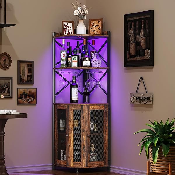 clóset de barra de esquina con luces LED, gabinete industrial de 5 niveles con soporte de vidrio, gabinete de licor de granja con estante ajustable, barra para el hogar para gabinete de bar 5-Tier Wine Cabinet