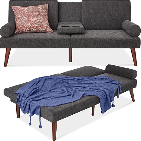 Futón tapizado moderno de mediados de siglo, sofá cama plegable convertible, 2 portavasos