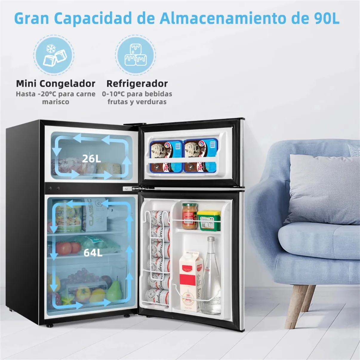 Costway Frigorífico Compacto Mini Nevera 90 L Congelador Separado con 2 Puertas Luz LED Refrigeración Rápida Ahorro Energético Silencioso Gris