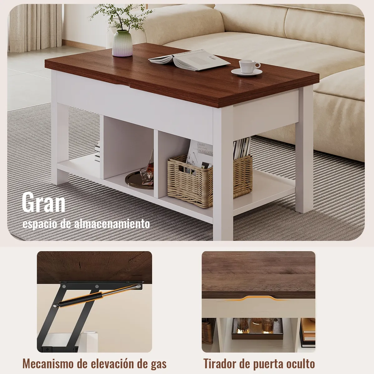 Mesa De Centro 4 in 1 con Doble Cubierta Elevable Marrón