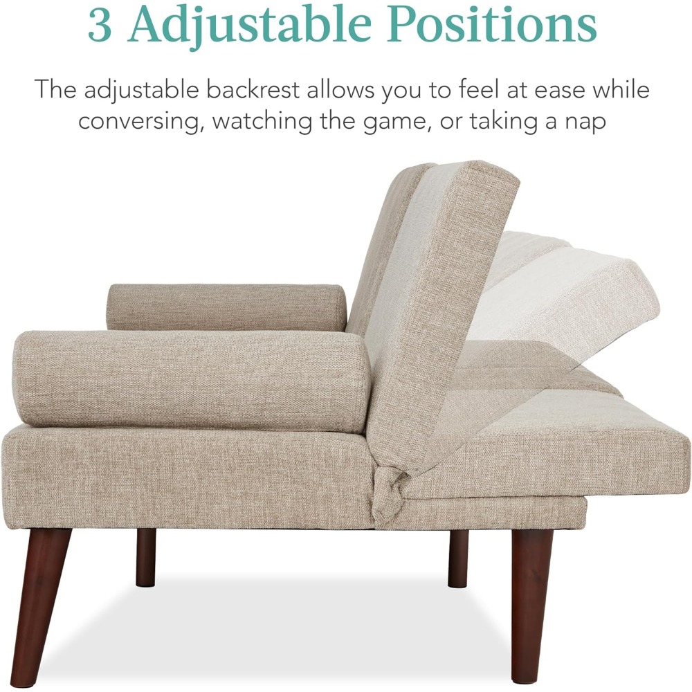 Futón tapizado moderno de mediados de siglo, sofá cama plegable convertible, 2 portavasos