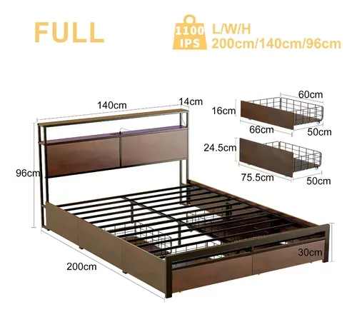 Cama Matrimonial Full Base+ Cabecera+ Cajones Luces Led Usb Color Marrón