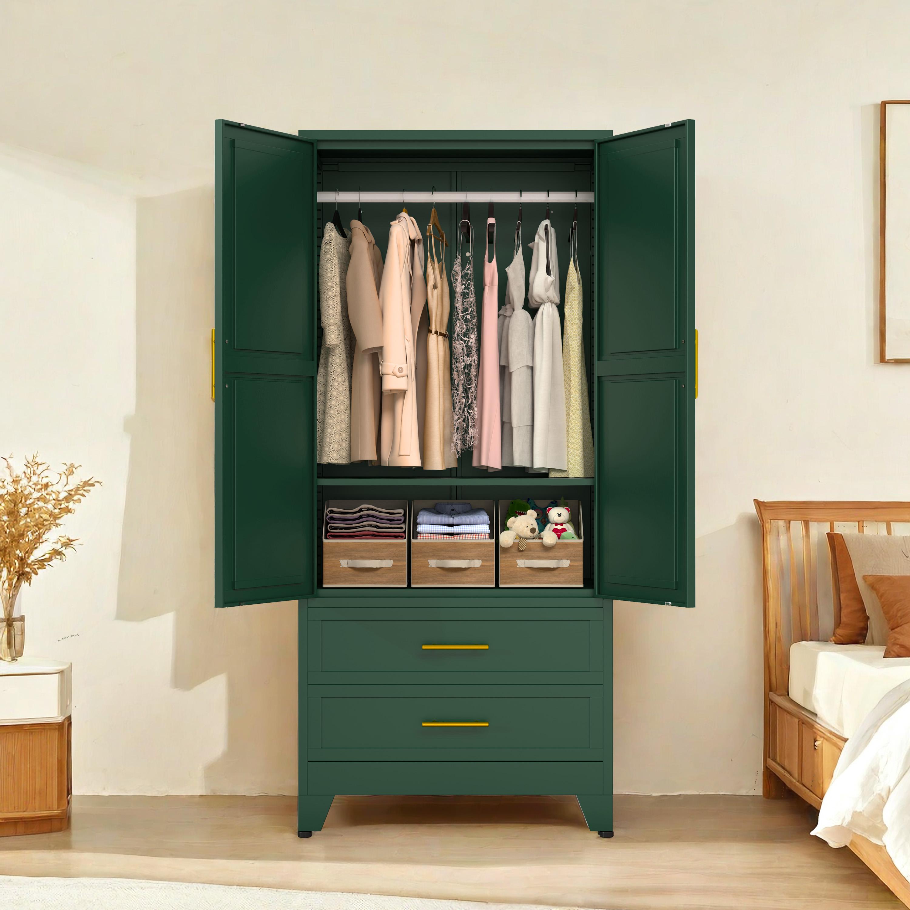Metal Wardrobe Closet with 2 Doors & 2 Drawers, 71"" Tall Armoire Wardrobe Closet with Hanging Rods and Adjustable Shelf, Steel Wardrobe Storage Cabinet for Bedroom, Large mothersdaygift
