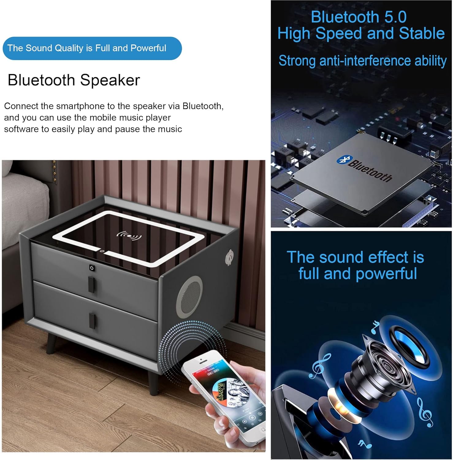 Mesita de noche inteligente con luz LED ajustable, mesita de noche moderna con altavoz Bluetooth, carga inalámbrica, puerto USB, cajón con cerradura de huellas dactilares, muebles inteligentes para cargar y cargar