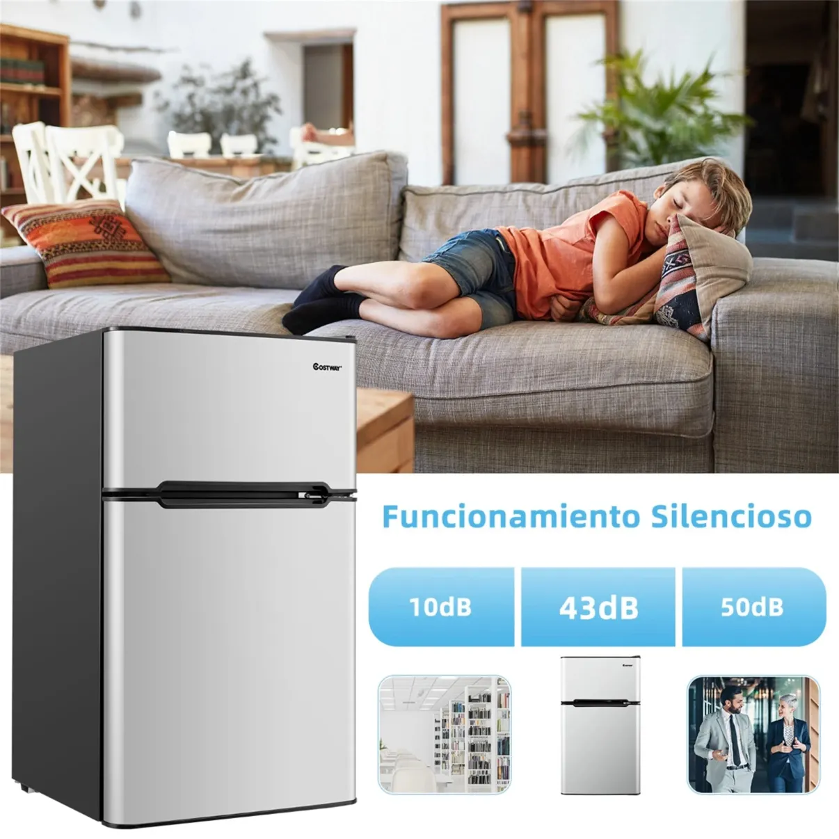 Costway Frigorífico Compacto Mini Nevera 90 L Congelador Separado con 2 Puertas Luz LED Refrigeración Rápida Ahorro Energético Silencioso Gris