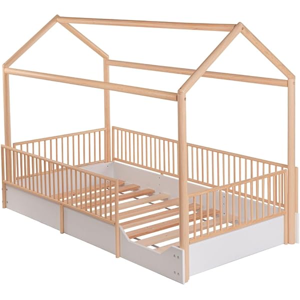 Cama Casa Montessori de Madera con Barandales (Gris Oscuro, Queen (estándar de EE. UU.)) Queen Gris oscuro