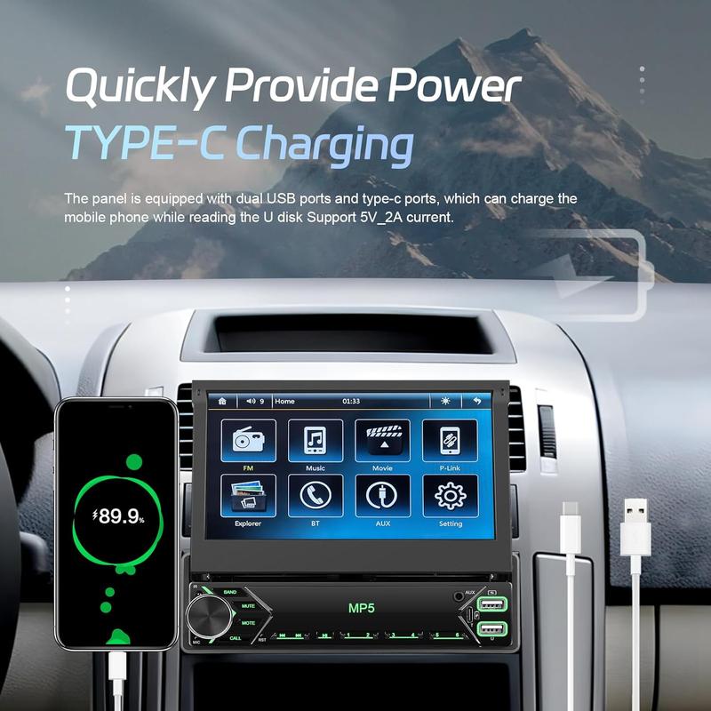 Autorradio Single DIN con pantalla táctil, pantalla abatible de 7 pulgadas, 1 DIN con Bluetooth, radio FM, Mirror Link para teléfonos Android/iOS, compatible con TF/USB, cámara y micrófono.